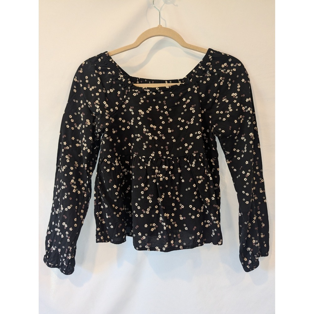 SO Girls Floral Peplum Top Black Long Sleeve Square Neck Size L 10/12